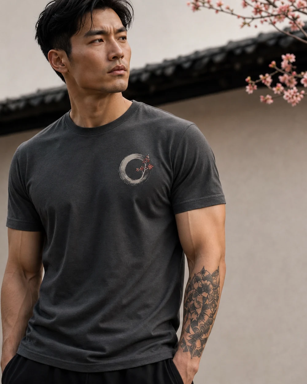 Essential T-Shirt — model wearing charcoal tee in editorial lifestyle setting