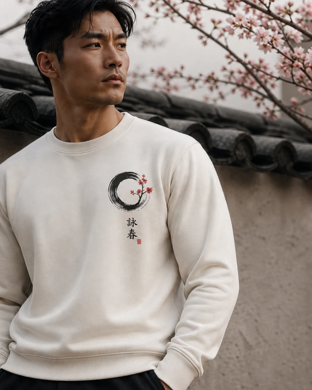 Heritage Sweatshirt — model wearing stone ivory sweatshirt outdoors